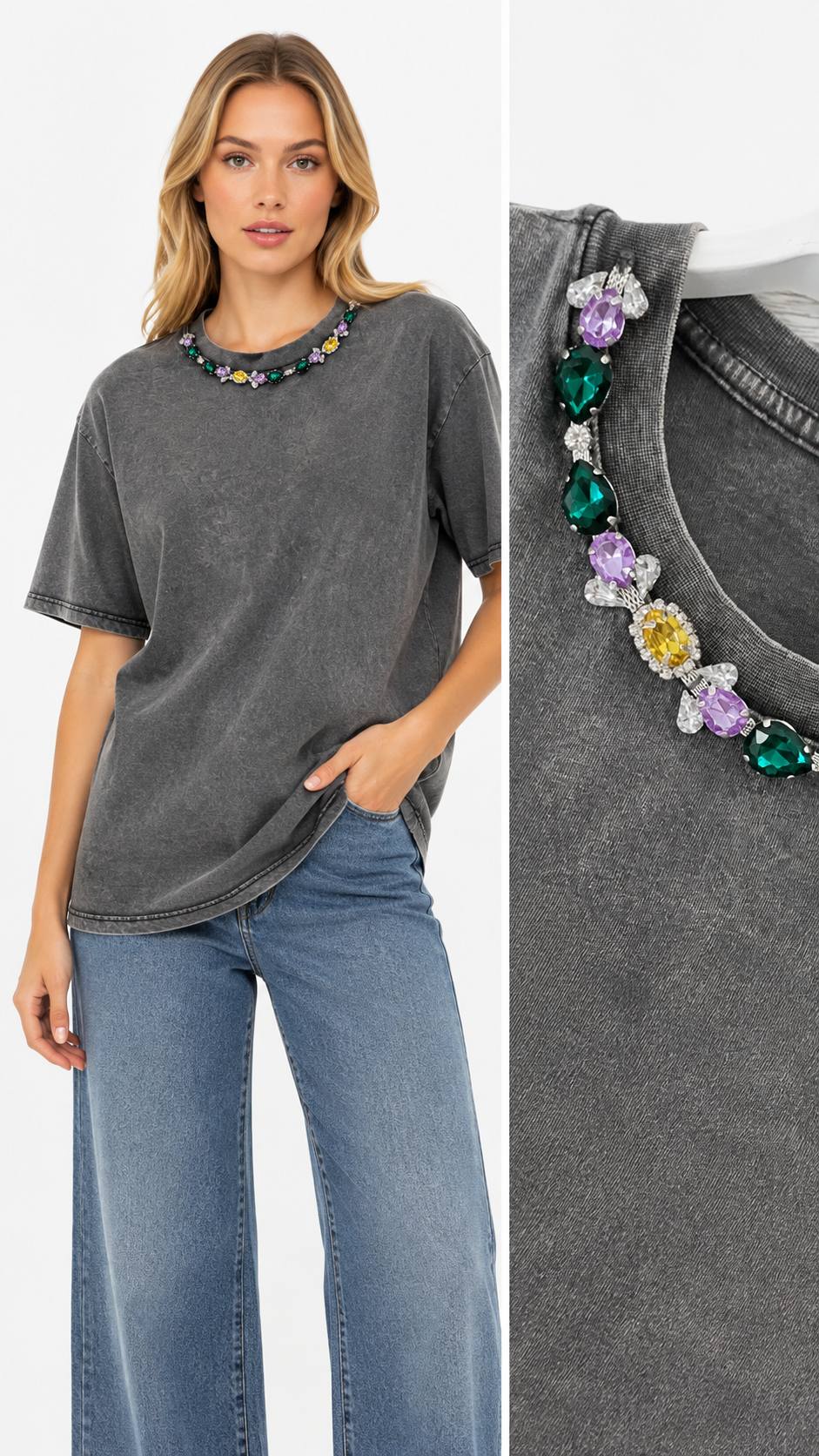 15768-7 YIKAMALI T-SHIRT YAKADA RENKLİ ŞERİT TAŞ