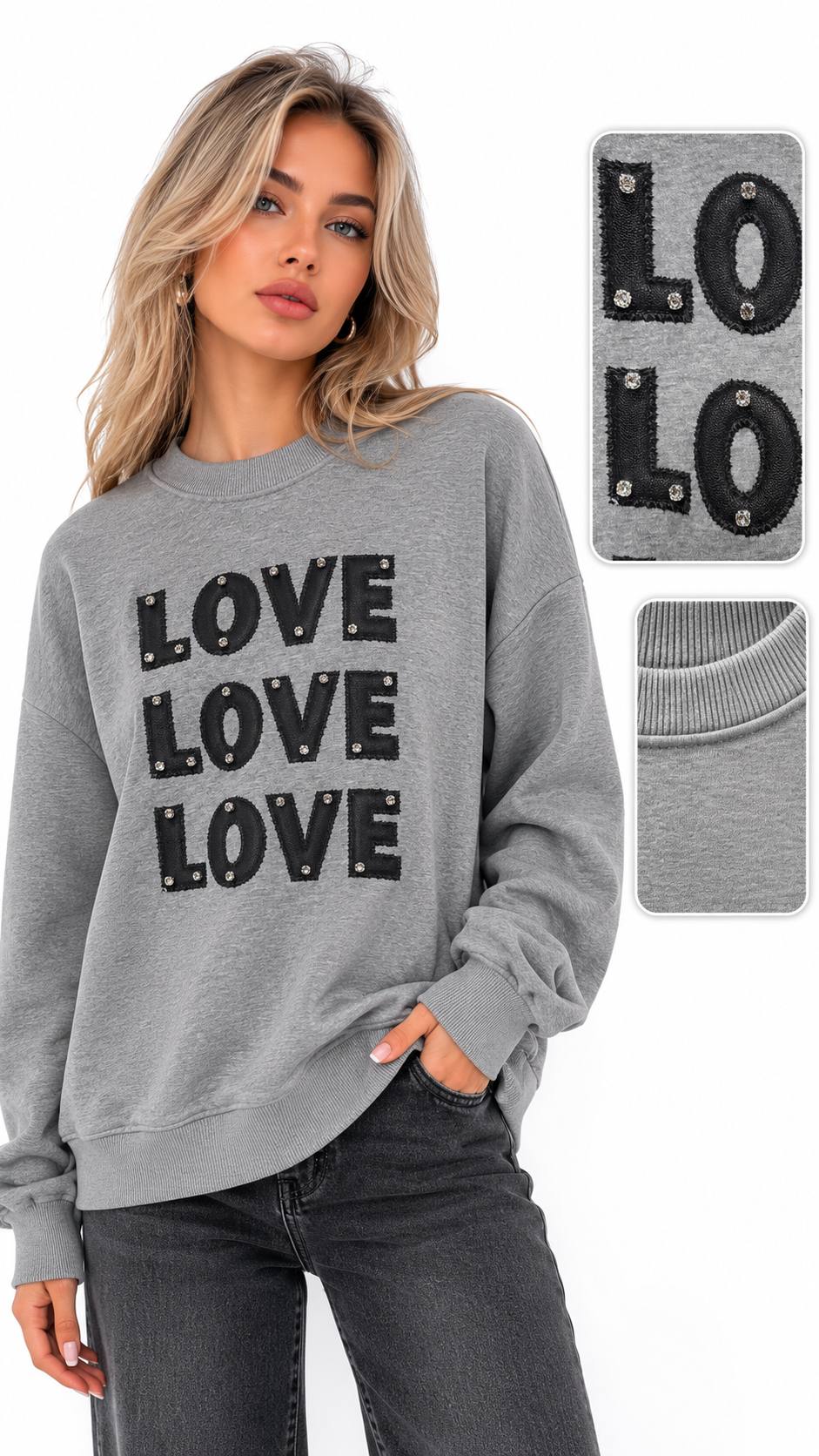 SWEAT ÖNÜNDE 3 AD SİYAH LOVE BASKI+TAŞ ÇAKIM