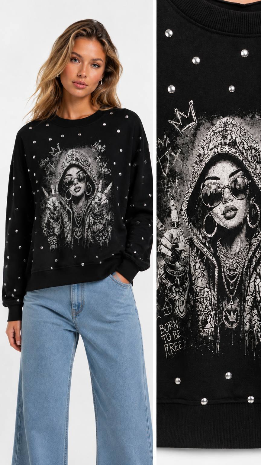 BİSİKLET YAKA SWEAT ÖNDE METAL YAPŞ.+KIZ BASKI
