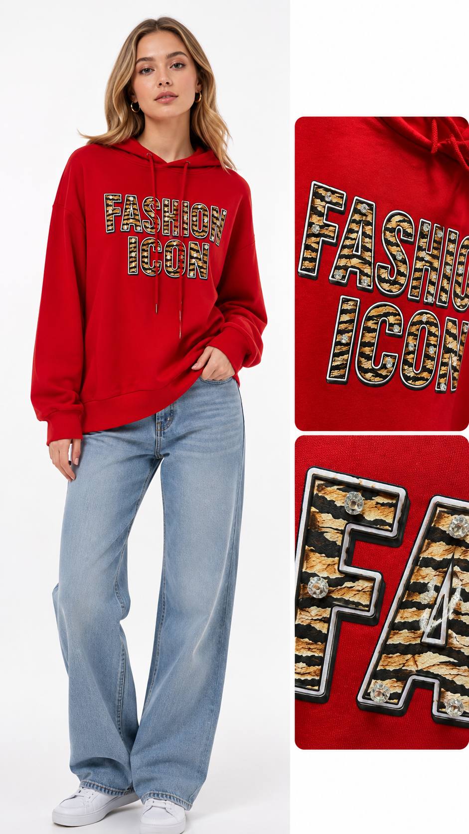 KAPŞONLU SWEAT FASHION ICON BASKI+TAŞ CAKIM