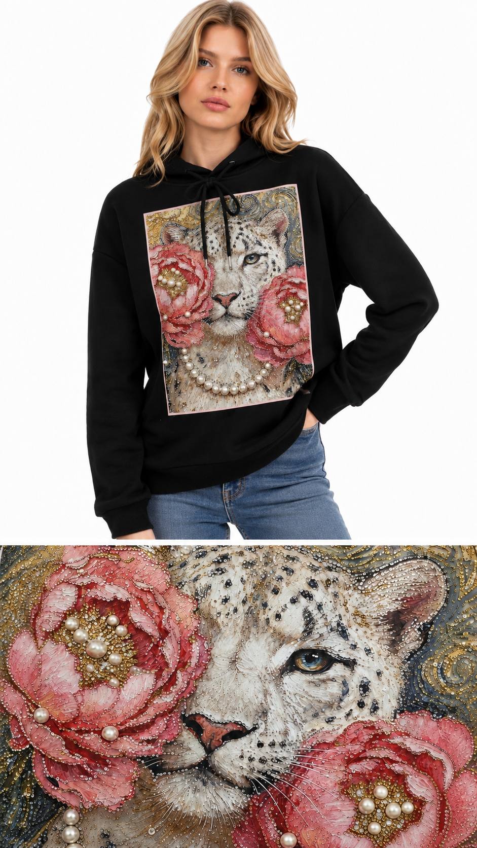 KAPŞONLU SWEAT ÇİÇEKLİ KAPLAN BASKI+TAŞ CAKIM