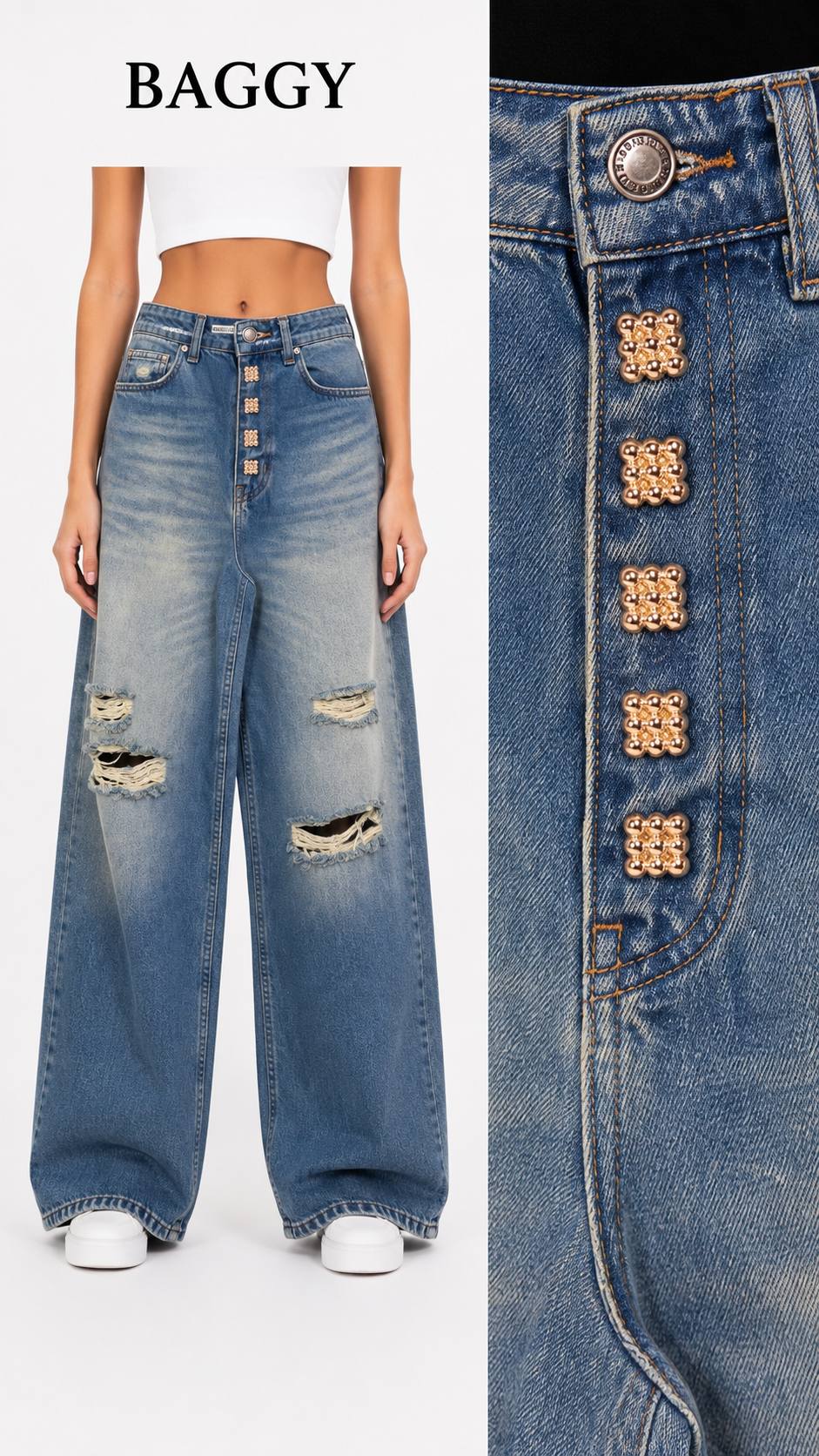 BAGGY DENİM PANTOLON PAT ÜSTÜ 4 AD KARE GOLD AKSESUAR